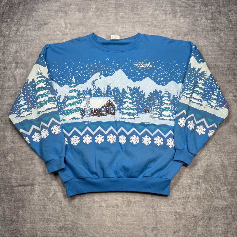Alaska Sweatshirt Womens Large Blue Vintage 90s Winter Cabin Scenic Puff Print